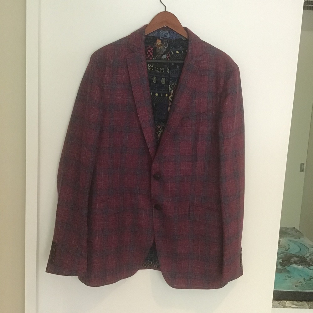 Etro Milano Plaid Sport Coat Wool Silk Linen Blazer Burgundy Blue Italy 58 48